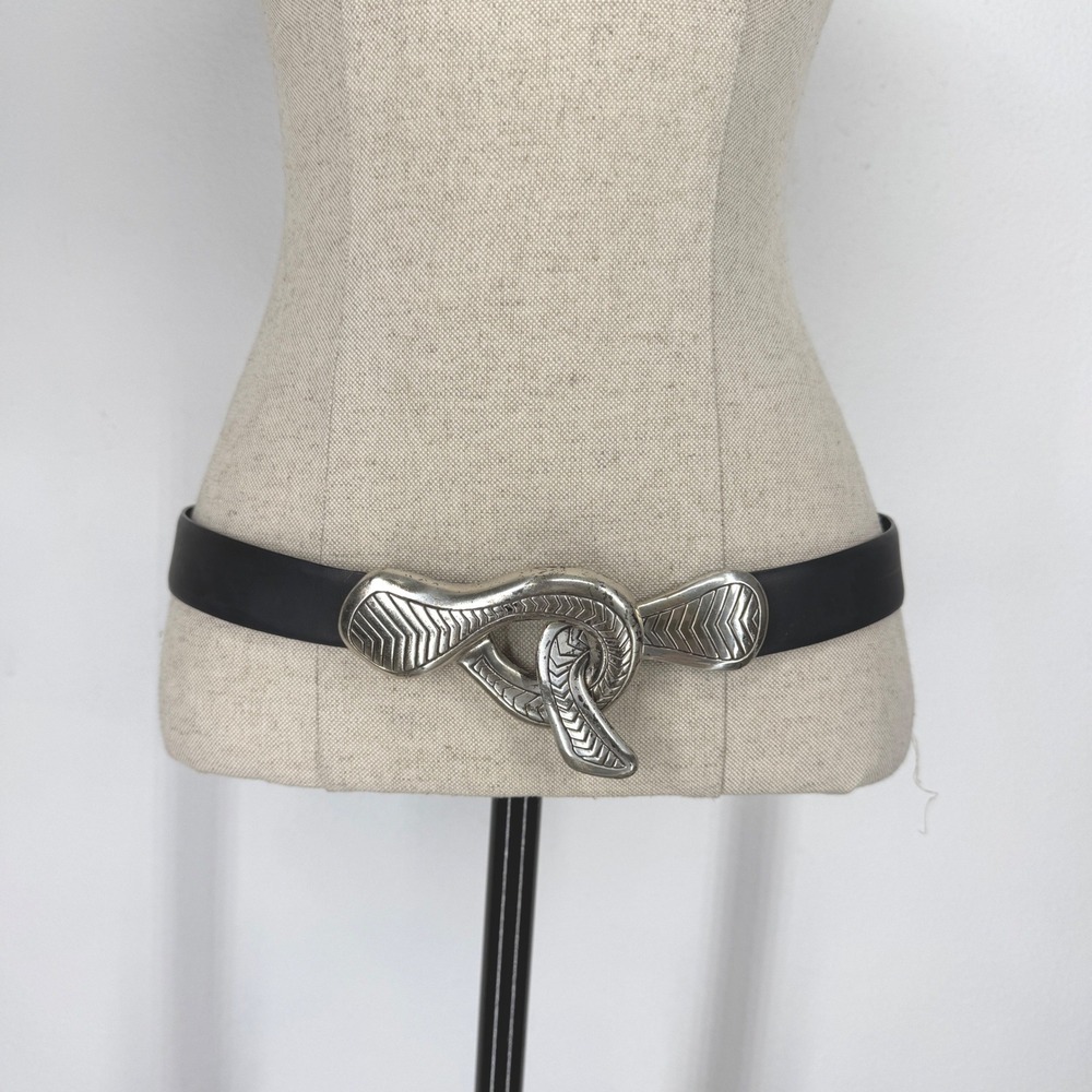 Chicos Black Belt Silver Interlocking Chevron Buckle Women M Adjustable Art Deco